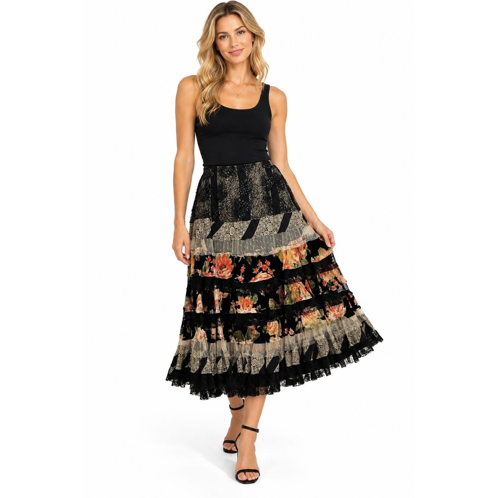 Alberto Makali Midi Skirt Size 8 Tiered Floral Lace Full Velvet Boho Ruffled